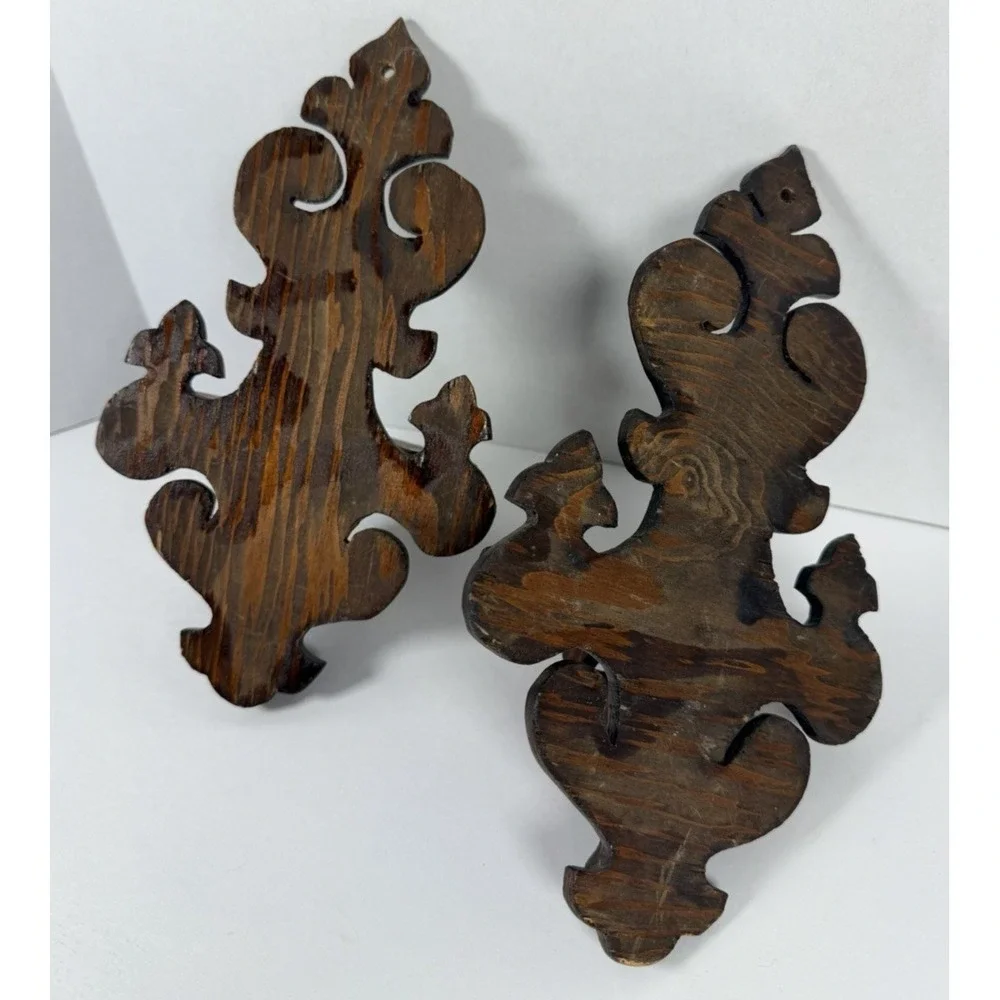 VTG Handmade Wooden Wall Shelf Pair Scroll Cut Hanging Display